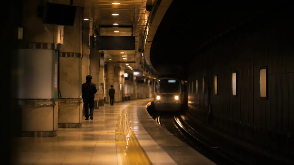 深夜の地下鉄ホームに到着する最終電車