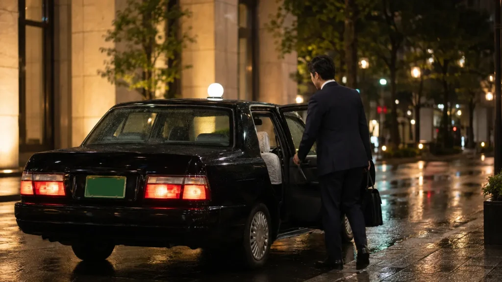 銀座の路肩でドアの開いたタクシーに乗車する男性