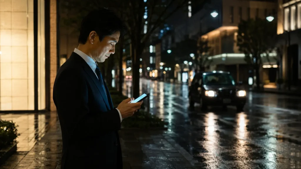 銀座の夜道で配車アプリを確認する男性
