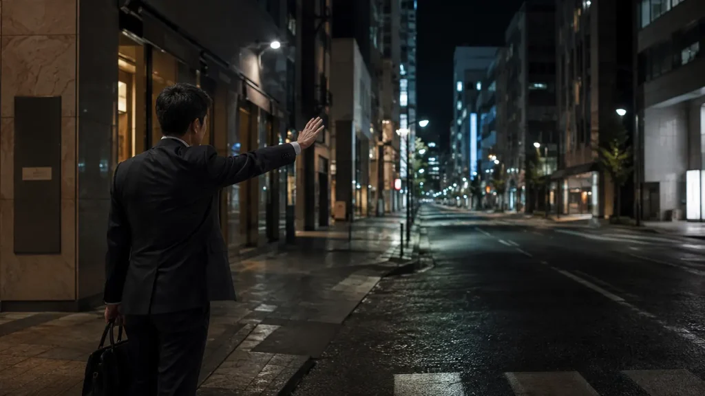 深夜の銀座でタクシーを探して手を上げる男性